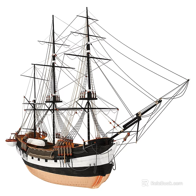 Classic Sailing Ship Model With Black And White Hull Multiple Masts And Detailed Rigging 3d model 