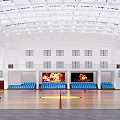 Modern Basketball Gymnasium with White Ceiling Blue Seats Large Screens and Wooden Floor