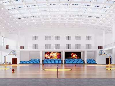 Modern Basketball Gymnasium with White Ceiling Blue Seats Large Screens and Wooden Floor 3d model