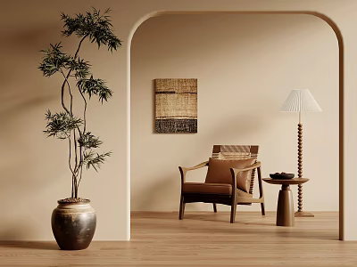 Warm Beige Interior With Accent Chair Side Table Floor Lamp Bamboo Plant And Wall Decor 3d model