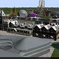 Amusement Park With Ferris Wheel Colorful Buildings Castle Structures Open Plaza And Lush Greenery