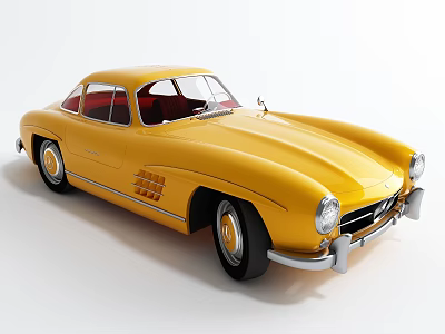 Yellow Classic Two Door Sports Car With Red Interior And Vintage Wheels 3d model