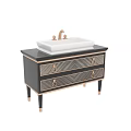 Elegant Bathroom Vanity With Geometric Pattern Drawers Metal Handles White Basin And Black Countertop