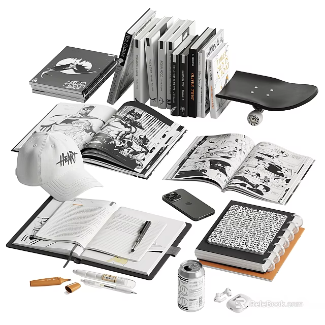 Stylish Ornamental Decor Collection With Open Notebooks Skateboard White Hat Books And Phone 3d model 
