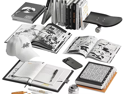 Stylish Ornamental Decor Collection With Open Notebooks Skateboard White Hat Books And Phone 3d model