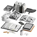 Stylish Ornamental Decor Collection With Open Notebooks Skateboard White Hat Books And Phone