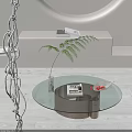 Modern Round Glass Coffee Table With Green Plant In Transparent Vase DWELL Magazine And White Dish