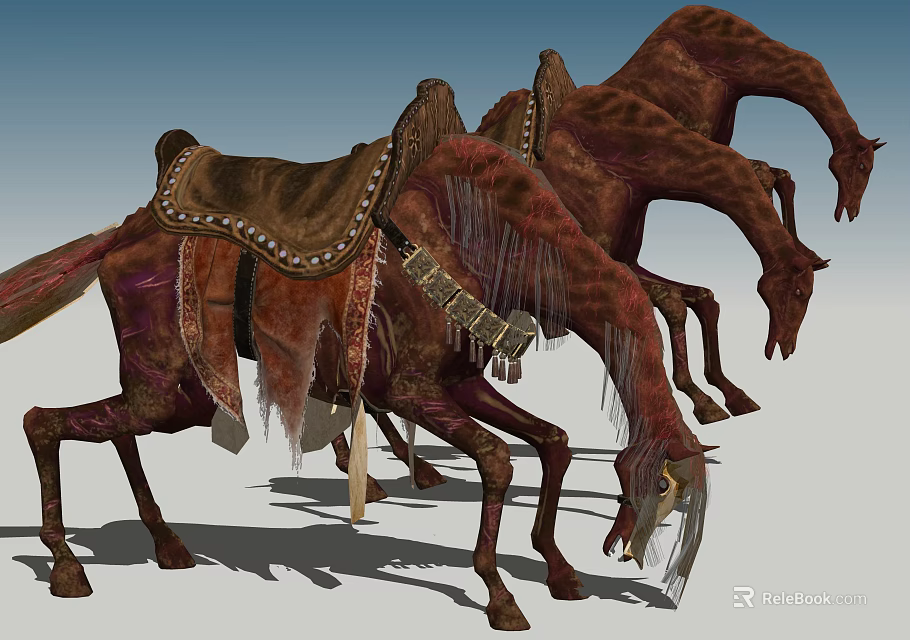 Three Red Reptiles with Saddle Like Gear Standing Head Down in Open Area 3d model 