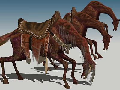 Three Red Reptiles with Saddle Like Gear Standing Head Down in Open Area 3d model
