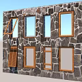 Rustic Stone Wall Featuring Multiple Wooden Framed Windows In Diverse Styles 3d model