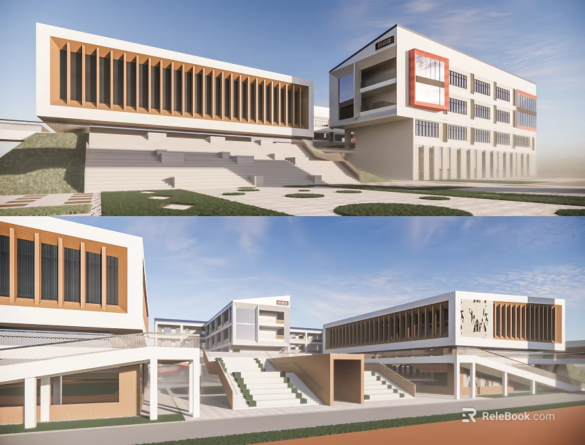 Modern School Campus Buildings With Wooden Slat Windows And Connected Stairs On Green Lawn 3d model 
