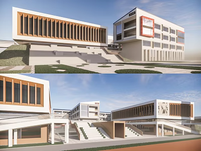 Modern School Campus Buildings With Wooden Slat Windows And Connected Stairs On Green Lawn 3d model