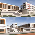 Modern School Campus Buildings With Wooden Slat Windows And Connected Stairs On Green Lawn
