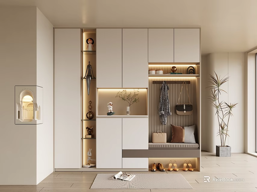 Modern Shoe Cabinet With Storage Compartments Clothing Rack Vase And Potted Plant In Bright Room 3d model 