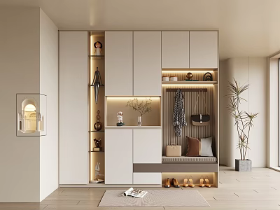 Modern Shoe Cabinet With Storage Compartments Clothing Rack Vase And Potted Plant In Bright Room 3d model
