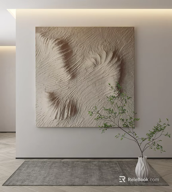 Abstract Textured Sand Like Relief Painting On White Wall With Decorative Plant 3d model 