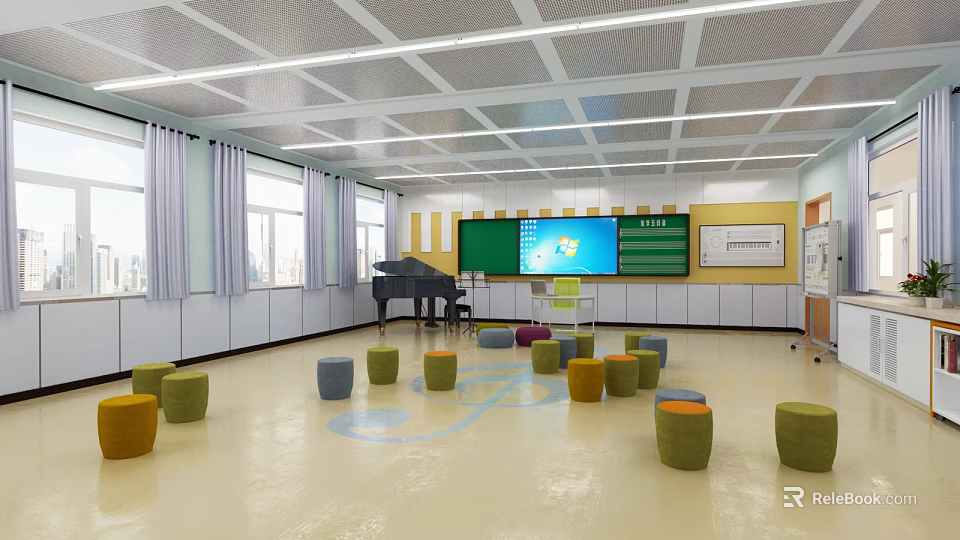 School Bright Classroom With Piano Large Interactive Screen Colorful Round Stools And Windows 3d model
