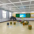 School Bright Classroom With Piano Large Interactive Screen Colorful Round Stools And Windows 3d model
