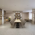 Modern Restaurant Interior Design With Long Wooden Tables And Comfortable Gray Chairs