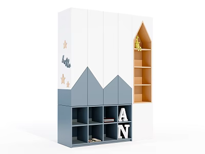 White Grey Kids Wardrobe With Star Patterns Hello Lettering Shelves Storage Cubes Letters A N 3d model