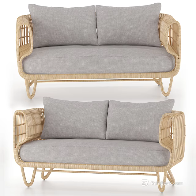Modern Wicker Two Seater Sofa With Gray Cushions And Rattan Frame Design 3d model