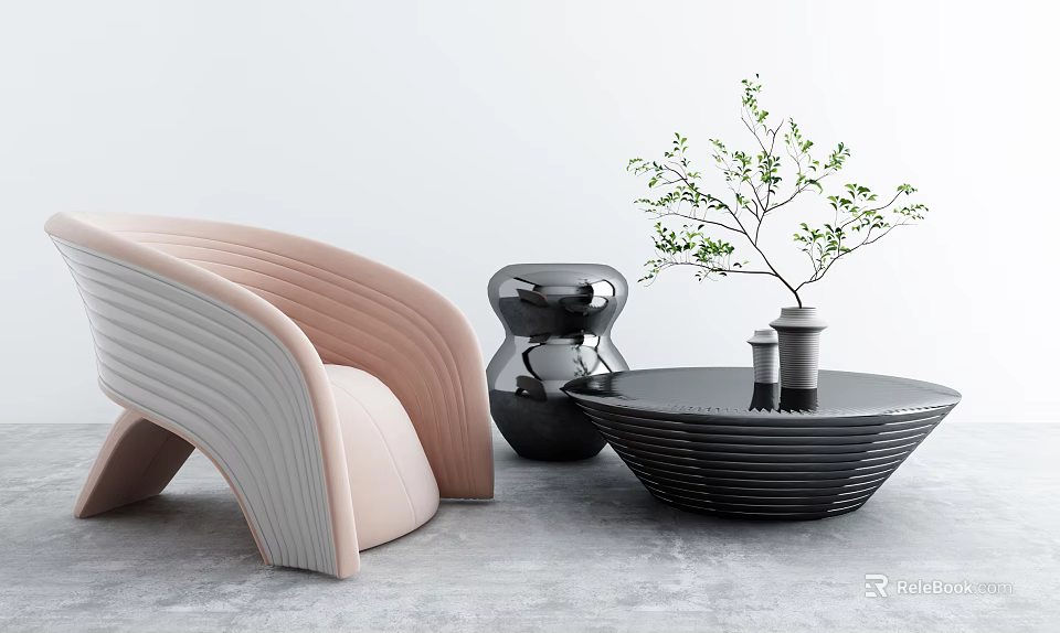 Modern Pink And White Accent Chair With Curved Lines Black Coffee Table And Green Plant 3d model 