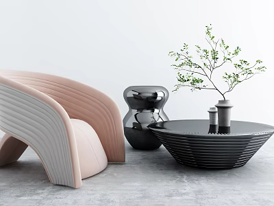 Modern Pink And White Accent Chair With Curved Lines Black Coffee Table And Green Plant 3d model