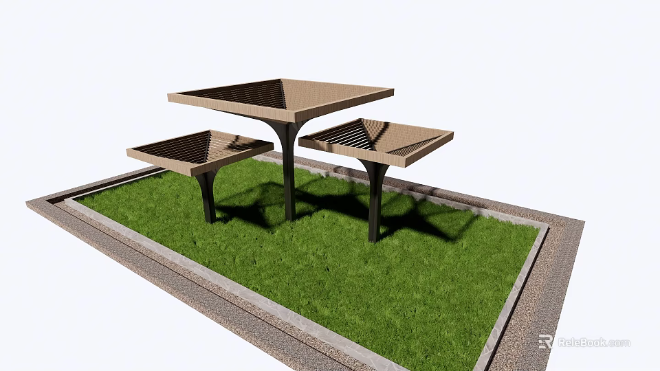 Three Modern Square Top Pergolas With Black Supports On Green Lawn 3d model 