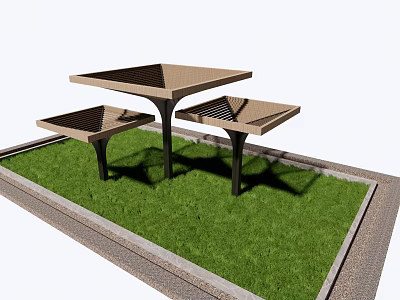 Three Modern Square Top Pergolas With Black Supports On Green Lawn 3d model
