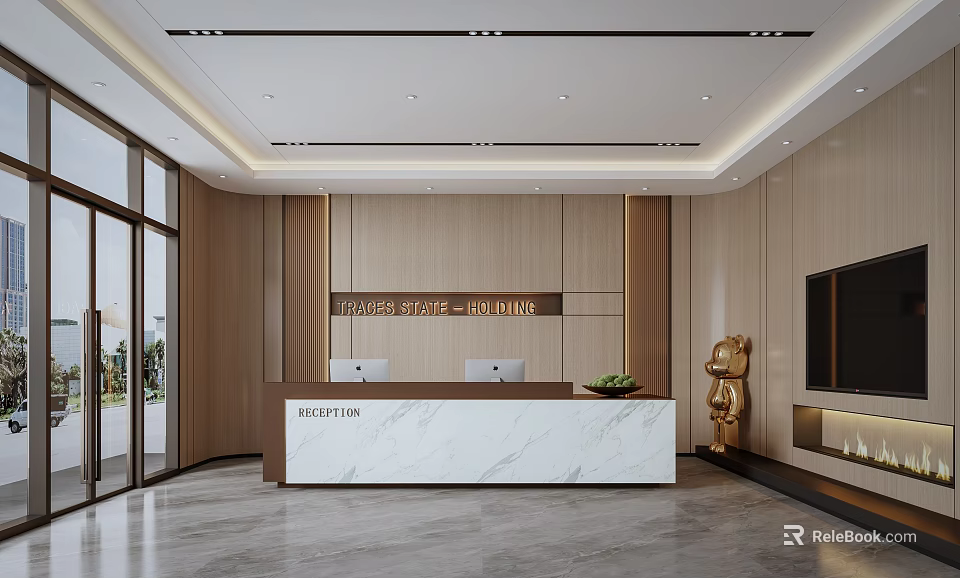 Modern Front Desk Reception Area With Marble Counter Wooden Walls Golden Sculpture And Lighting 3d model 