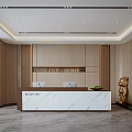 Modern Front Desk Reception Area With Marble Counter Wooden Walls Golden Sculpture And Lighting