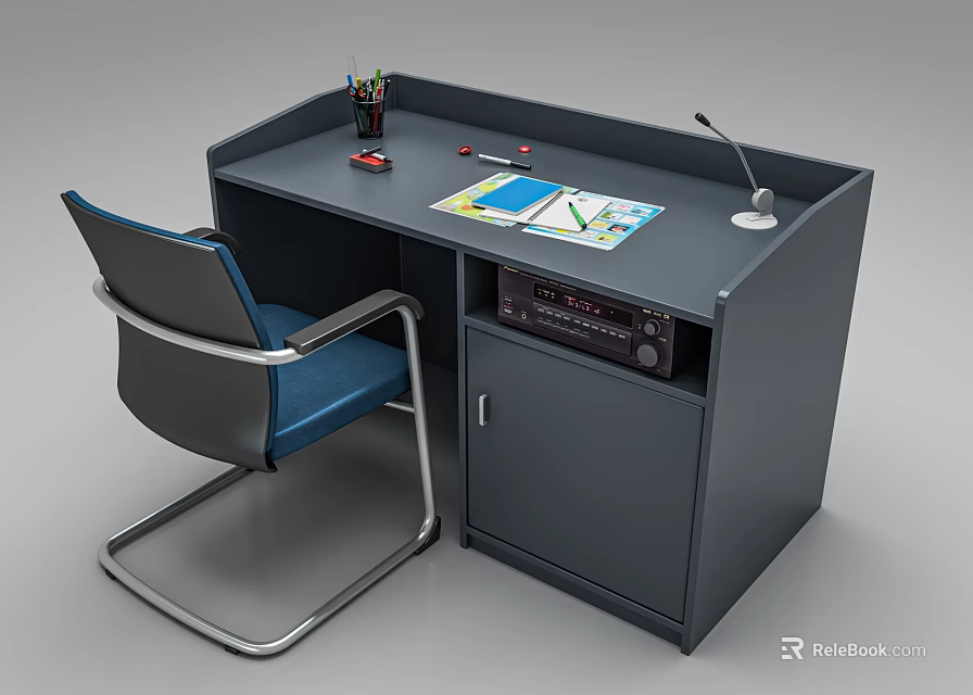 Modern Functional Desk with Storage Cabinet Desk Lamp Pencil Holder Notebook Charts and Ergonomic Chair 3d model 
