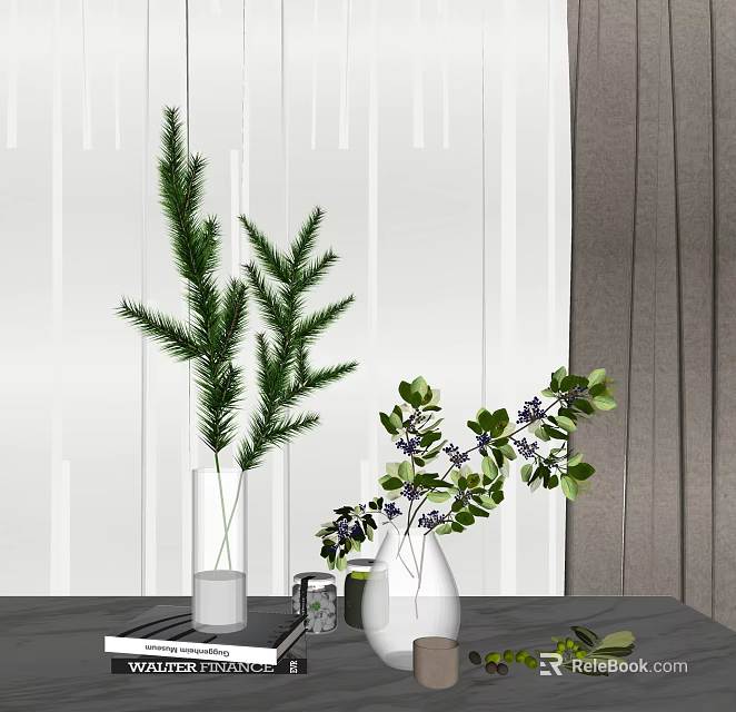 White Vases With Green Branches And Purple Flowers For Modern Interior Decor 3d model 