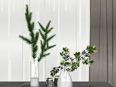 White Vases With Green Branches And Purple Flowers For Modern Interior Decor 3d model
