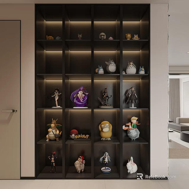 Modern Display Shelf With Neatly Arranged Various Collectible Figurines And Character Models 3d model 