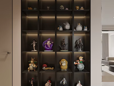 Modern Display Shelf With Neatly Arranged Various Collectible Figurines And Character Models 3d model