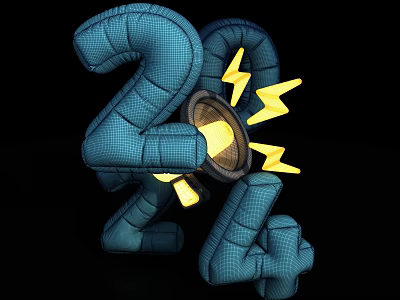 3D Designed 2024 With Blue Grid Texture Megaphone And Lightning Bolts 3d model