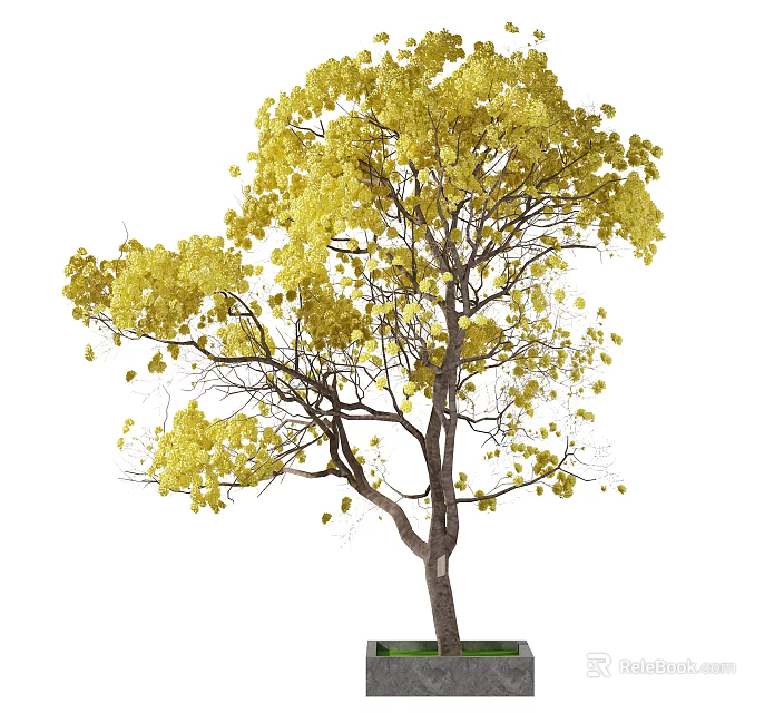 Vibrant Lush Yellow Leaf Arbor With Brown Trunk And Elegant Natural Shape 3d model 