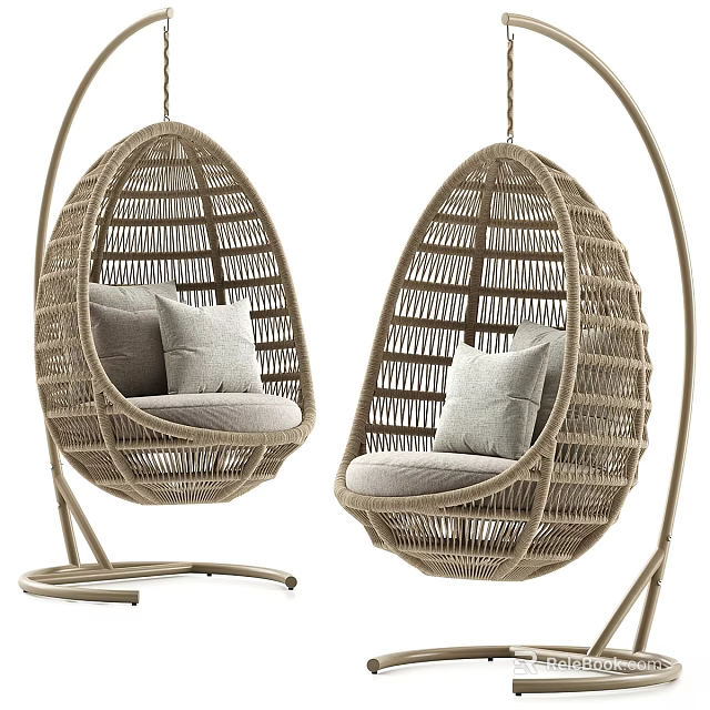 Stylish Rattan Egg Shaped Hanging Leisure Chairs With Comfortable Cushions And Metal Stand 3d model 