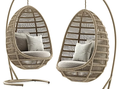 Stylish Rattan Egg Shaped Hanging Leisure Chairs With Comfortable Cushions And Metal Stand 3d model