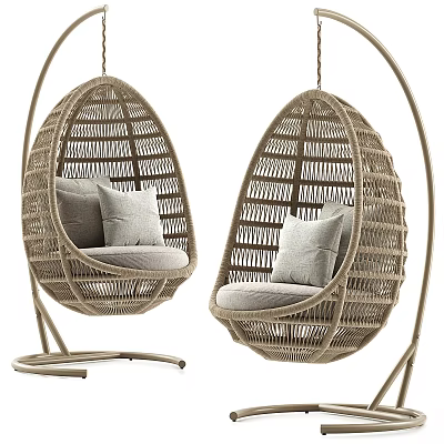Stylish Rattan Egg Shaped Hanging Leisure Chairs With Comfortable Cushions And Metal Stand 3d model