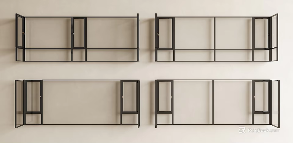 Black Framed Floor To Ceiling Windows On Light Colored Wall 3d model 