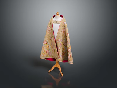 Elegant Beige Cape With Soft Fabric And Floral Embroidered Patterns On Wooden Mannequin 3d model
