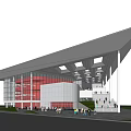 Modern Architectural Building With Unique Sloped Roof Glass Curtain Walls Red Accent And White Facade