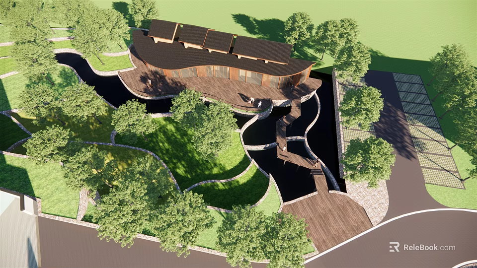 Wooden Pergola Structure In Natural Landscape With Trees Greenery And Water Features 3d model 