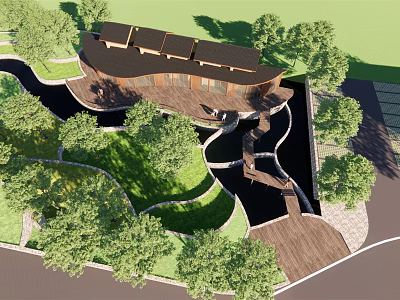 Wooden Pergola Structure In Natural Landscape With Trees Greenery And Water Features 3d model
