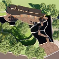 Wooden Pergola Structure In Natural Landscape With Trees Greenery And Water Features
