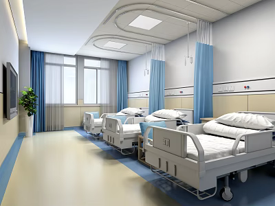 Modern Hospital Ward Interior With White Beds Blue Curtains Windows TV And Potted Plant 3d model