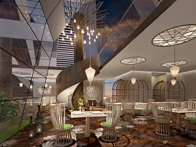 Elegant Modern Restaurant Interior Design With Spiral Staircase Chandeliers Round Tables And Green Plants 3d model