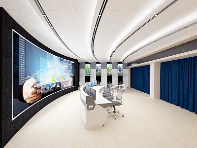 Modern Monitoring Room Interior with Large Curved Screen Control Desk Office Chairs and Ceiling Lighting 3d model